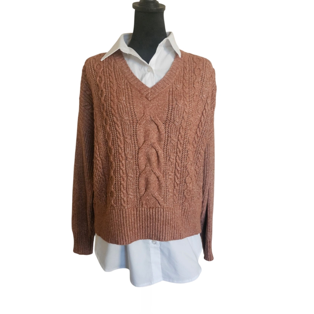 Rachel Zoe Brown Cable Knit Twofer Sweater with White Collar Size M